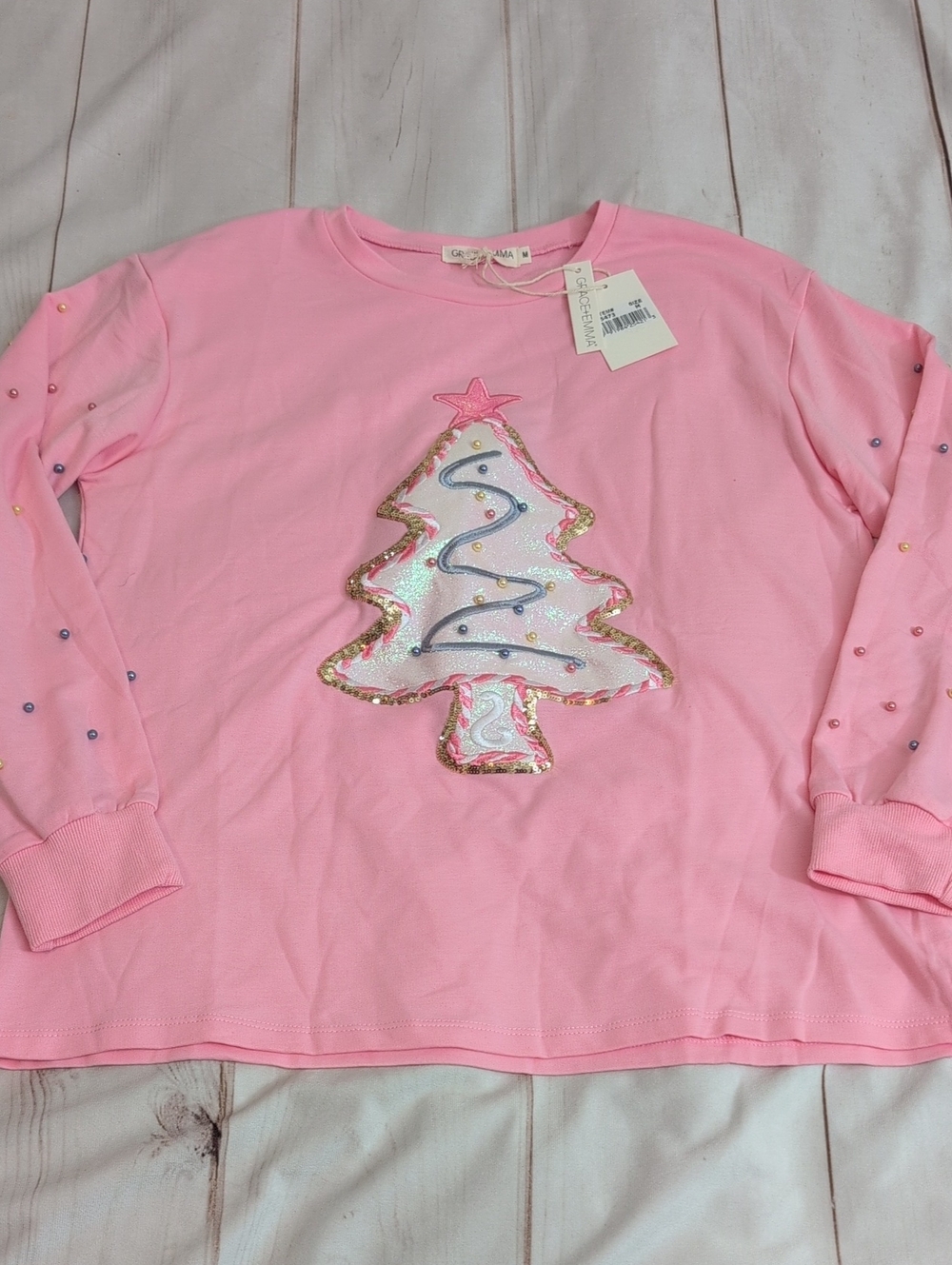 Grace+Emma Christmas Cookie Patch Sweatshirt Womens M Pink Pearl Tree NWT 5473